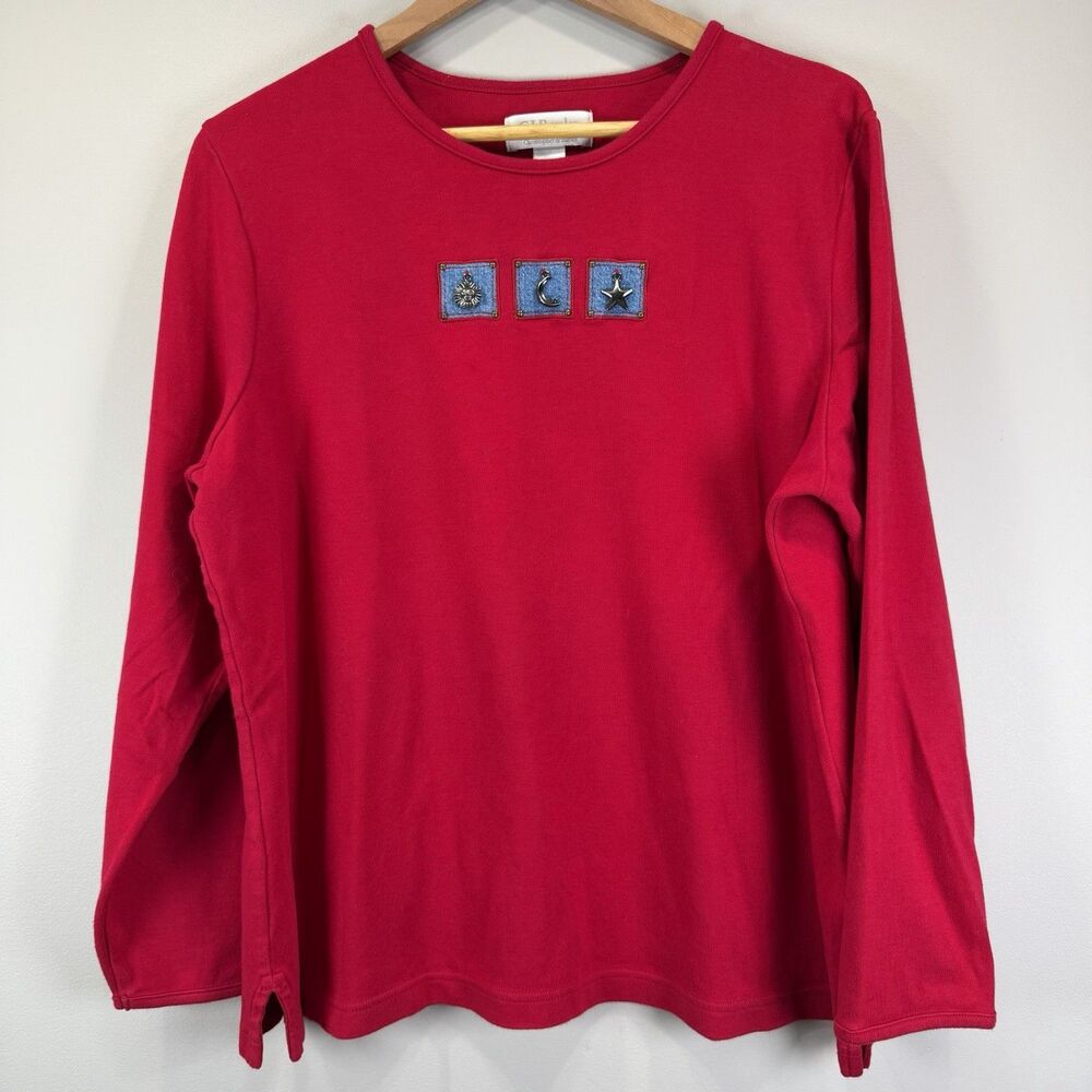 C. J. Banks Women's 1X Celestial Sun Moon Star Crew Neck Long Sleeve Red Top